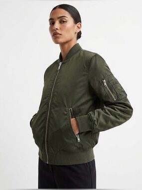 Topshop Olive Green MA1-Style Satin Bomber Jacket Size 2 w Sleeve Pocket